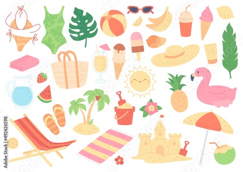 Cute summer stickers, fruits, drinks, ice cream, tropical leaves and flowers, bikini, sand castle. Beach party, vacation doodles, travel, summertime elements vector set