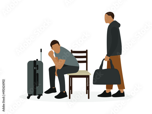 Two male characters with luggage on a white background