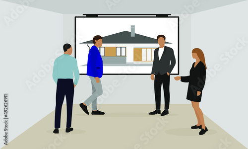 Male and female characters in business attire talking in a room in front of a screen with a picture of a house hanging on the wall © Tatyana