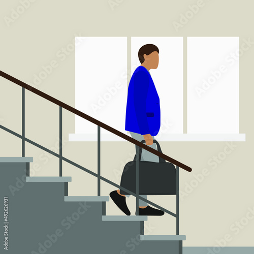 Male character in business clothes and with a bag in hand descends the stairs against the background of a wall with a window