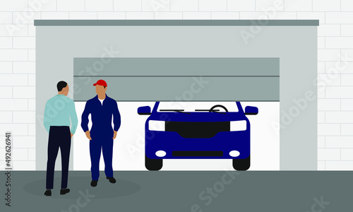 Male character in business attire and male character in work uniform talking near the garage
