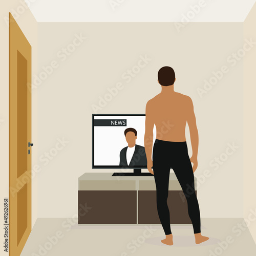 Male character in underpants watching the news on TV in a room with a closed door
