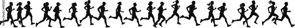 Group of running men and women side view of vector runner silhouette - obrazy, fototapety, plakaty 