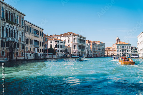 Beautiful scenery landscape of most romantic European city - Venice located on Grand Canal of Adriatic sea, ancient Italian architecture buildings for visiting by motorboat taxi