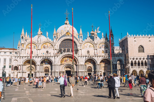 Ancient Basilica San Marco on famous piazza square located in romantic Italian city - Venice - perfect place for summer vacations  beautiful architecture building discovering during touristic journey