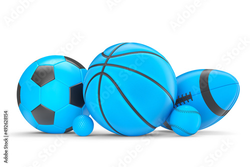 Set of blue ball like basketball  american football and golf isolated on white