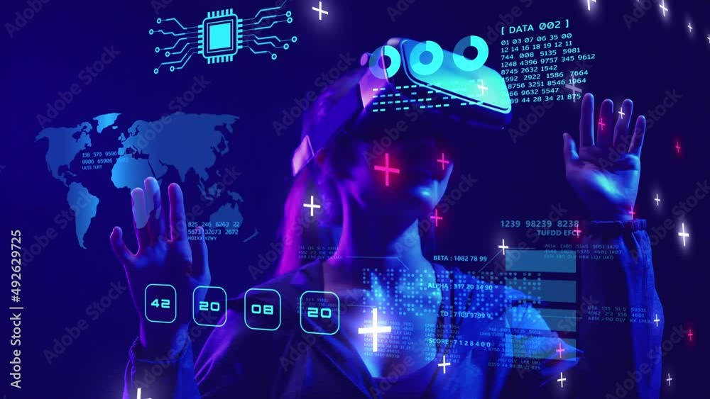 Metaverse business meeting conference, VR virtual office digital world technology AR augmented reality presentation work from home, global economy financial investment graph chart market platform
