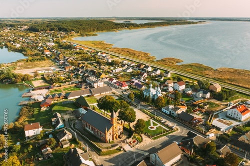 Braslav, Braslaw District, Vitebsk Voblast, Belarus. Aerial View Of Church of the Nativity of the Virgin Mary And Church of the Assumption.