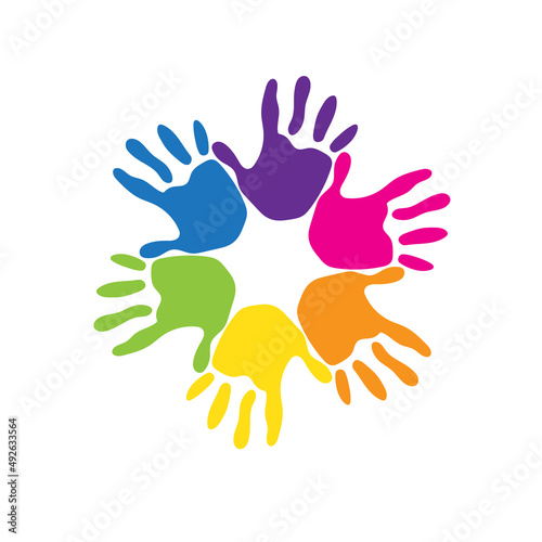 Hands print six people. Children hands in vivid colors logo icon vector image design