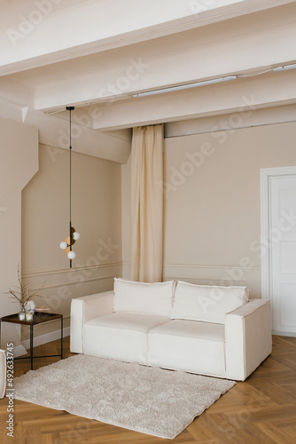 A living room with a white fabric sofa and a coffee table. Minimalist Scandinavian interior design with lamp and carpet