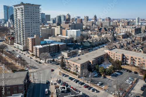 Aerial view of Milwaukee, Wi. corner of Prospect Avenue and East Juneau Ave taken March 2022.