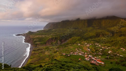 Fajazinha from the Portal Viewpoint at sunset, Flores Island, Azores, Portugal photo