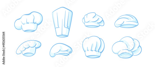 Blue chef, flat hat. Vector set. Cook's white cap