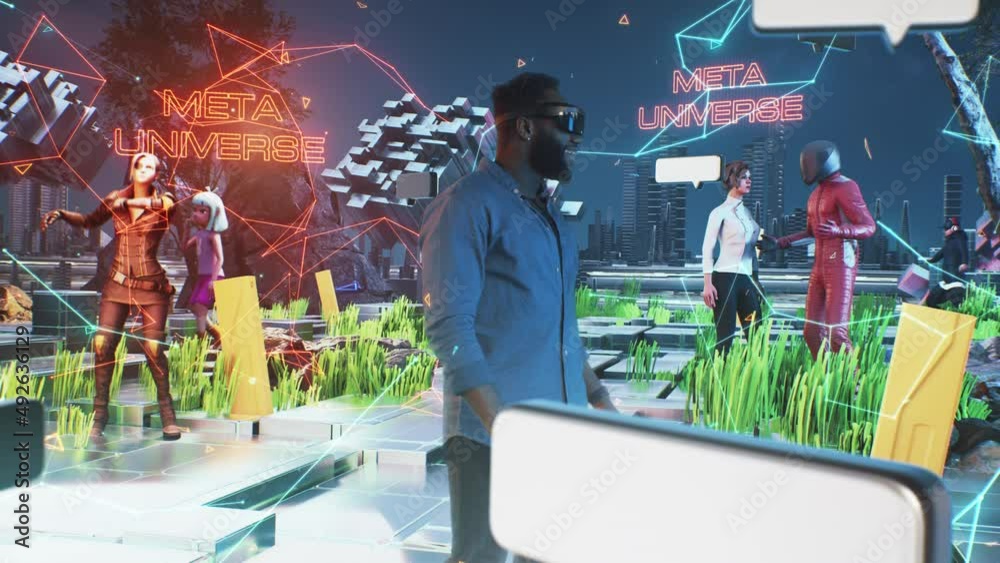 African American man putting on VR headset and looking around with smile while exploring futuristic cyberspace in living room at home