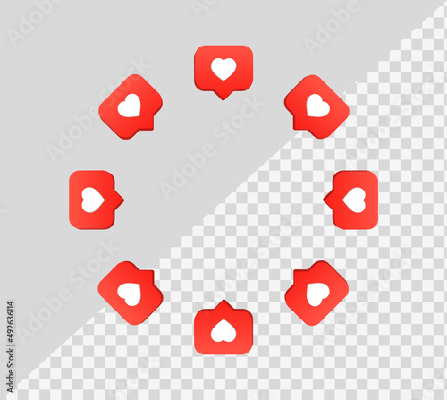 3d like love icon in modern glossy speech bubble for social media notifications icons - heart bubbles social network reactions - rotate like bubble background, rotation heart bubbles