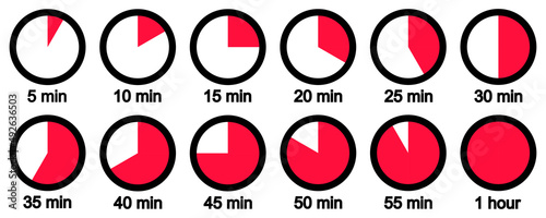 Meal time vector icons set. Timer clock 5 minute to 1 hours. Cook time icons on white background. 
