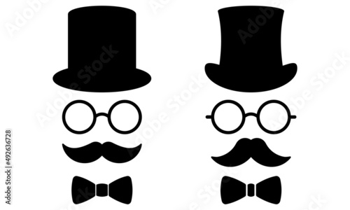 Hat, Glasses, Mustache and Bow Tie vector set. Old vintage fashioned gentleman. Vector 10 EPS.