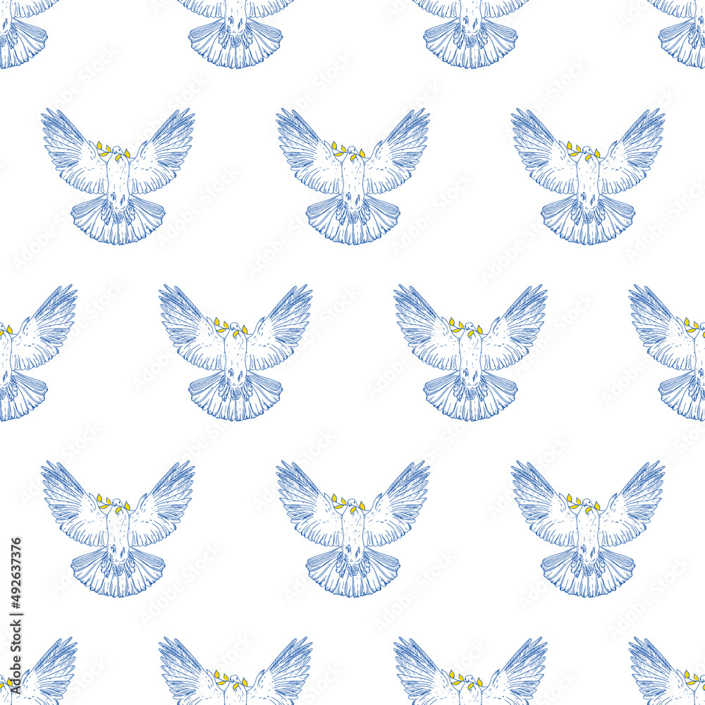 Vector seamless pattern the dove of peace in Ukraine flag colors. Vector seamless pattern the dove of peace in Ukraine flag colors.