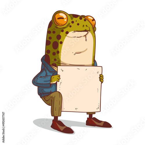 A Frog with a Placard, isolated vector illustration. Anthropomorphic toad, holding a blank copy space banner. An animal character with the human body. Advertisement banner. Social media post template.