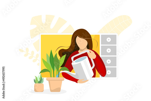 Video blogger woman houseplant care on online media player interface. Female housewife watering plant in pot web streaming. Grow indoor plant live stream tutorial. Influencer broadcast vlogger channel