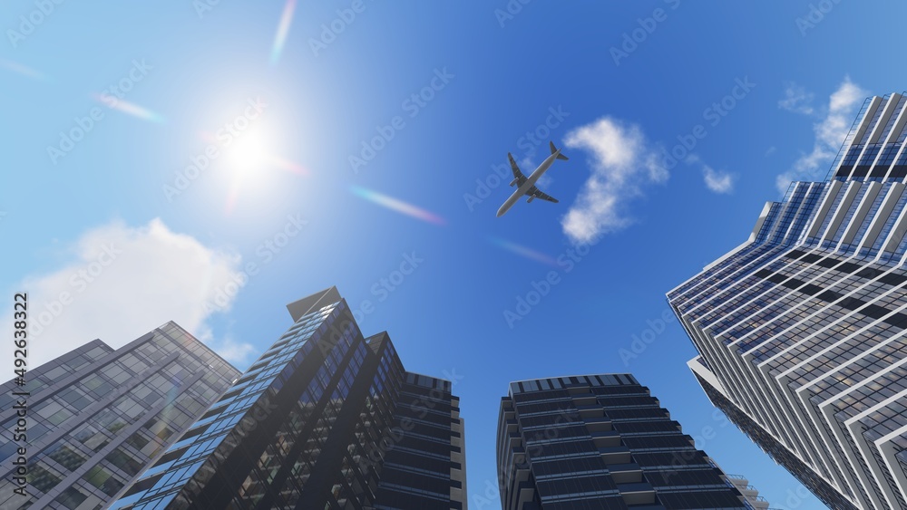 Airplane flying above office buildings, 3D Illustration