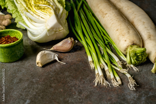 Ingredients for kimchi. Fresh vegetables, traditional Korean food in top view on wooden table copy space.