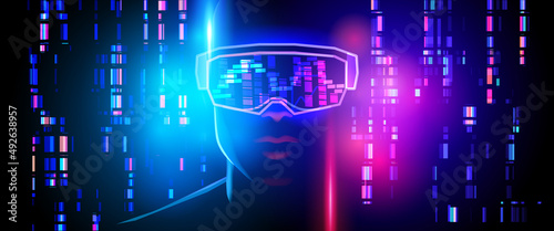 Inside the metaverse. Silhouette of a human face in augmented or virtual reality headset. Abstract digital world on dark blue background. Vector illustration