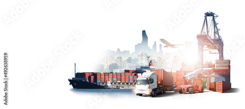 Global business logistics import export of containers cargo freight ship loading at port by crane, container handlers, cargo plane, truck on city background with copy space, transport industry concept photo