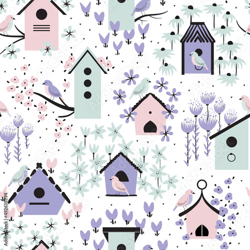 Vector seamless pattern background with birds, birdhouses and bold hand drawn flowers. Candy colors Cotton Candy, Lilac, Seaglass. Perfect for textile, fabric, wallpapers, graphic art, printing etc.