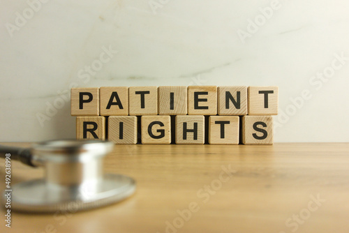Patient rights text from wooden blocks with stethoscope