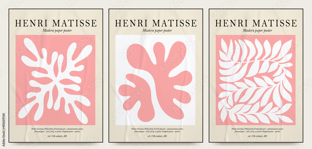 Collection of aesthetic posters and abstract elements in pink color on an  isolated background. A large collection of elements, unusual shapes in the  art matisse style, hand-drawn with paper texture Stock Vector
