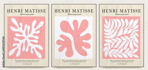 Collection of aesthetic posters and abstract elements in pink color on an isolated background. A large collection of elements, unusual shapes in the art matisse style, hand-drawn with paper texture photo