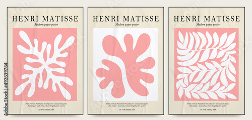 Collection of aesthetic posters and abstract elements in pink color on an isolated background. A large collection of elements, unusual shapes in the art matisse style, hand-drawn with paper texture