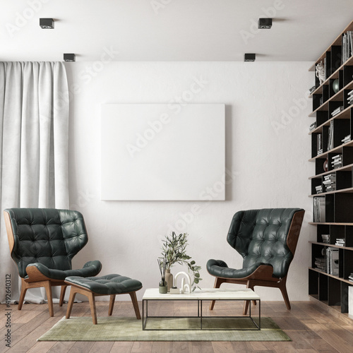 Carta da parati 3D per Soggiorno - Carta da parati Modern minimalist interior with armchairs, carpet and decoration. 3d render illustration mockup.