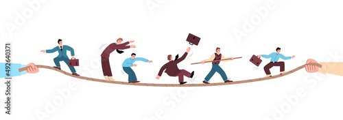 Hands holding rope with balancing people, flat vector illustration isolated.