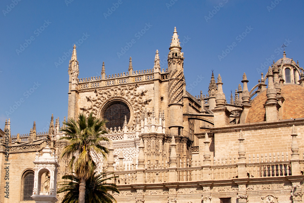 SEVILLA, SPAIN -MARCH 03, 2022 : Famous Cathedral of Sevilla in Andalucia, Spain, UNESCO World Heritage Site.