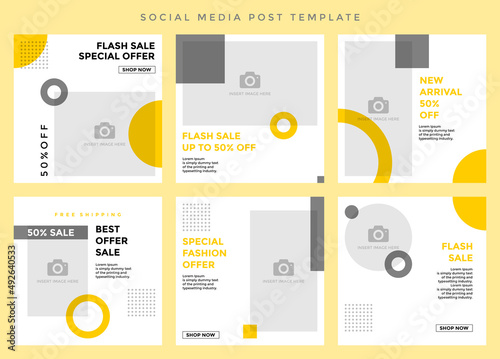 Social media post template. Six editable page or banner, fit for all sale promotion, clean modern minimalist concept with dark yellow and grey color theme.