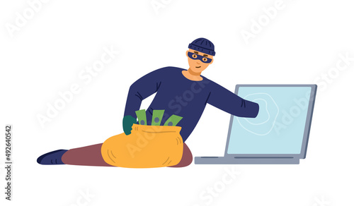Computer fraud, hacker in mask and robber hat steal credit card information or money. Online criminal scam, isolated.
