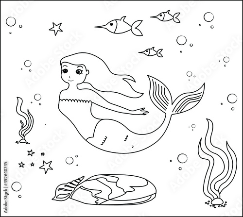 (Mermaid Coloring Page: 38) Cute mermaid with goldfishes, green grass, water bubbles on background, vector black and white coloring page. photo