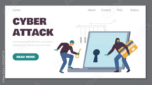 Masked hacker has a key to laptop data, online criminal thief steal credit card information. Vector illustration. © Kudryavtsev