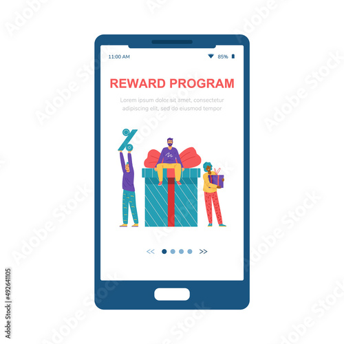 Business reward program banner on mobile phone app. Bearded man sit on the gift box, black woman hold her prize. Vector.