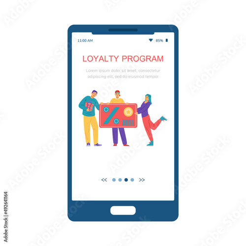 Loyalty program mobile app onboarding screen flat vector illustration.