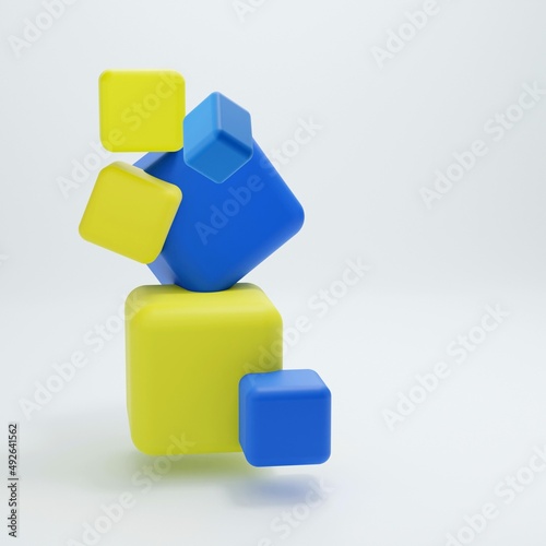 3d illustration abstract background cubes of geometric shape in blue and yellow on a light background 3d rendering