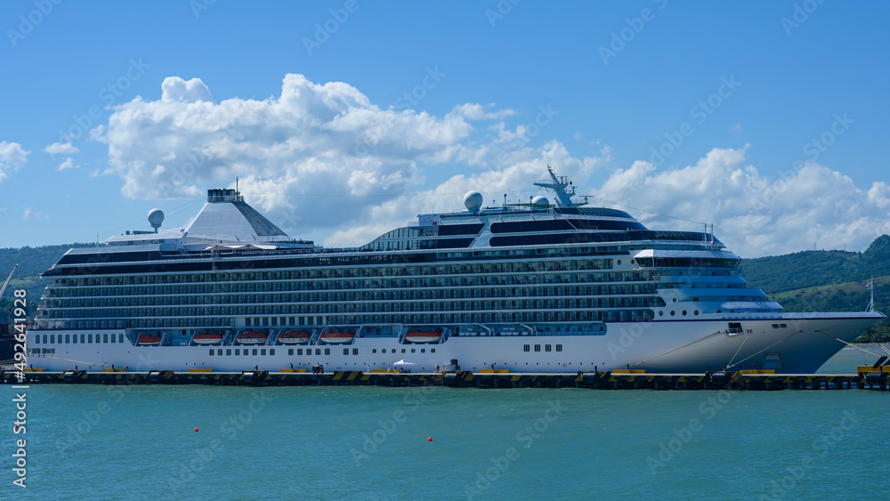 Tourist liner at the pier in Dominican Republic. Close-up. High quality photo