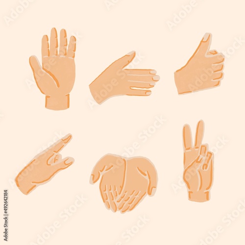 drawn hands showing different signs, cartoon illustration