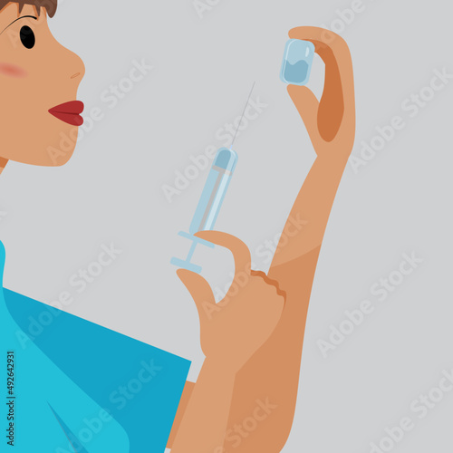 Vector nurse with syringe. Nurse holding a vaccine.  Vaccination against covid-19.