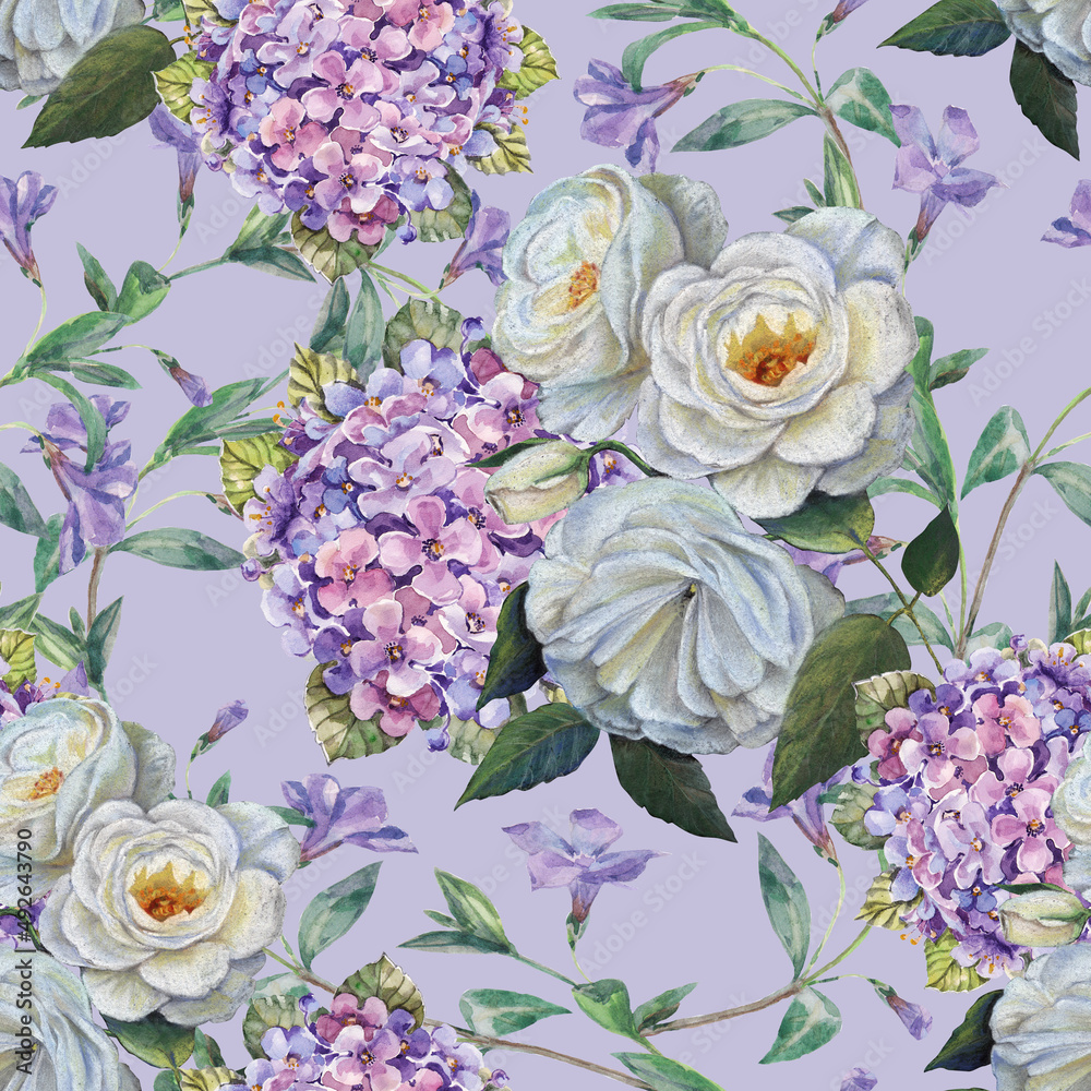 Fototapeta premium Flowers with leaves draw in colored pencils and watercolor. Spring composition. Seamless pattern on blue background.