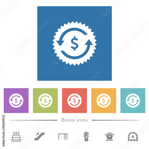 Dollar pay back guarantee sticker flat white icons in square backgrounds