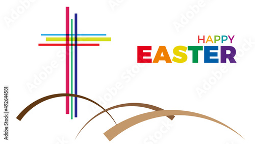 Abstract Christ crucifix, three crosses on calvary hill, colorful strips with text Happy Easter for greeting and congratulations. Vector illustration