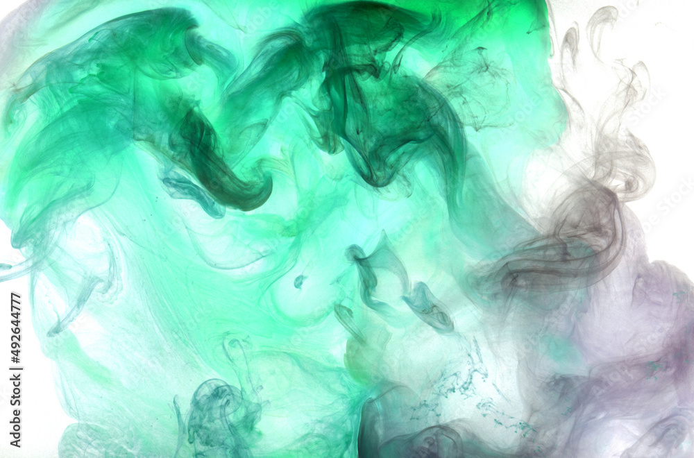 Green smoke on white ink background, colorful fog, abstract swirling emerald ocean sea, acrylic paint pigment underwater Green smoke on white ink background, colorful fog, abstract swirling emerald ocean sea, acrylic paint pigment underwater